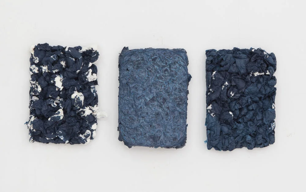 Hassan Sharif, Blue, 2016. Set of 3. Tissue, glue and oil paint. Courtesy of Gallery Isabelle Van Den Eynde.