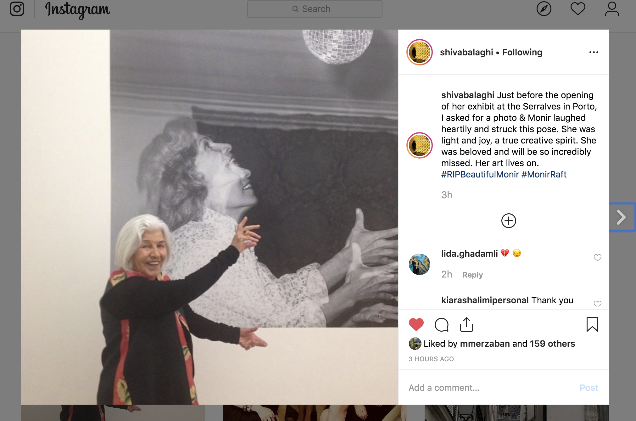 Dr Shiva Balaghi, art historian, scholar and curator posts a personal picture of Monir on her instagram feed to commemorate her death.