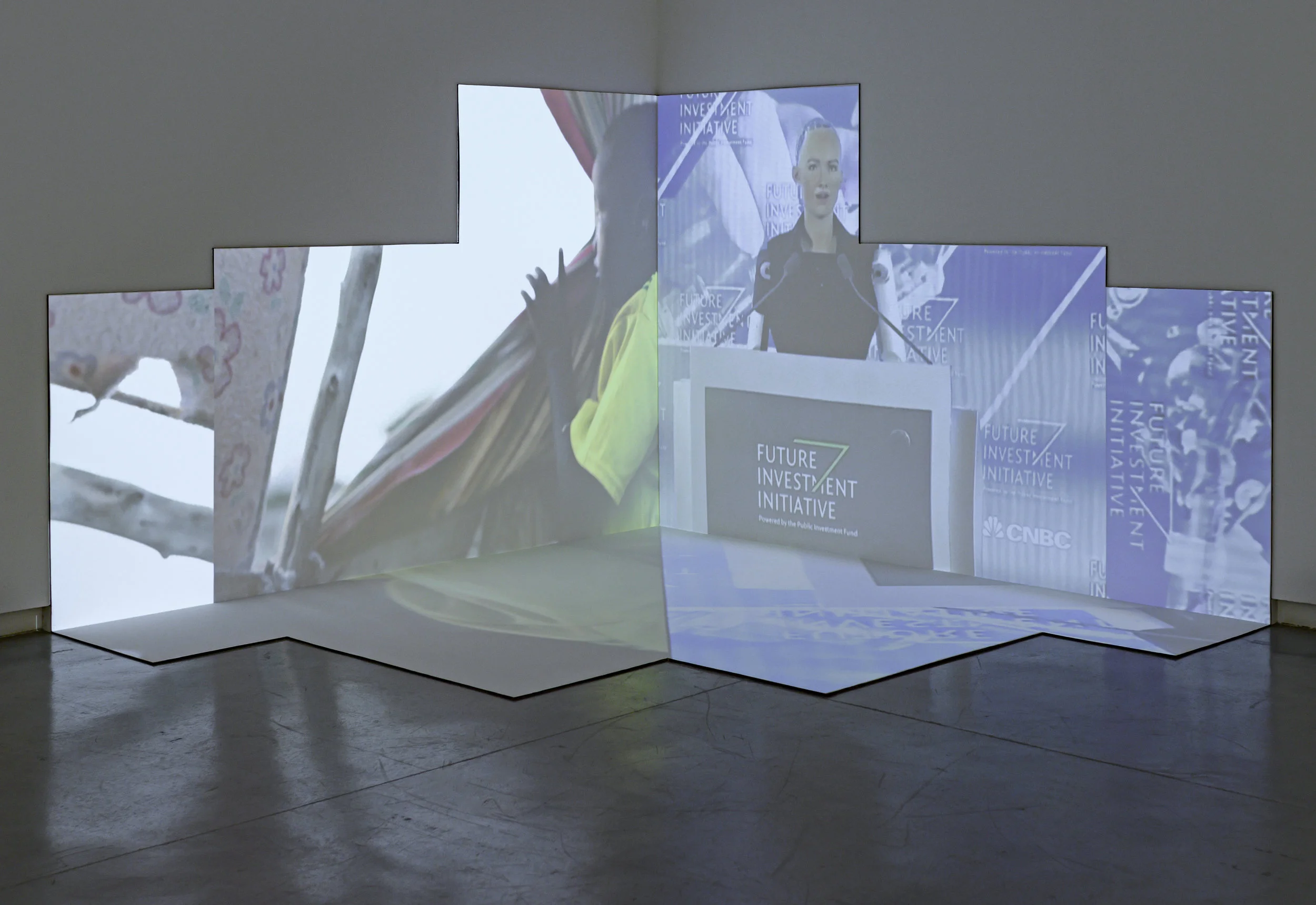 Mohammad Al Faraj, Sophia, 2018–2019.Video installation, plywood, computer, stereo speaker;3 x 3 x 3 m, 10 minutes. Installation view: Surface Tension, Sharjah Art Foundation, Sharjah, 2019. Courtesy of the artist and Athr Gallery, Jeddah. Photo: Sharjah Art Foundation