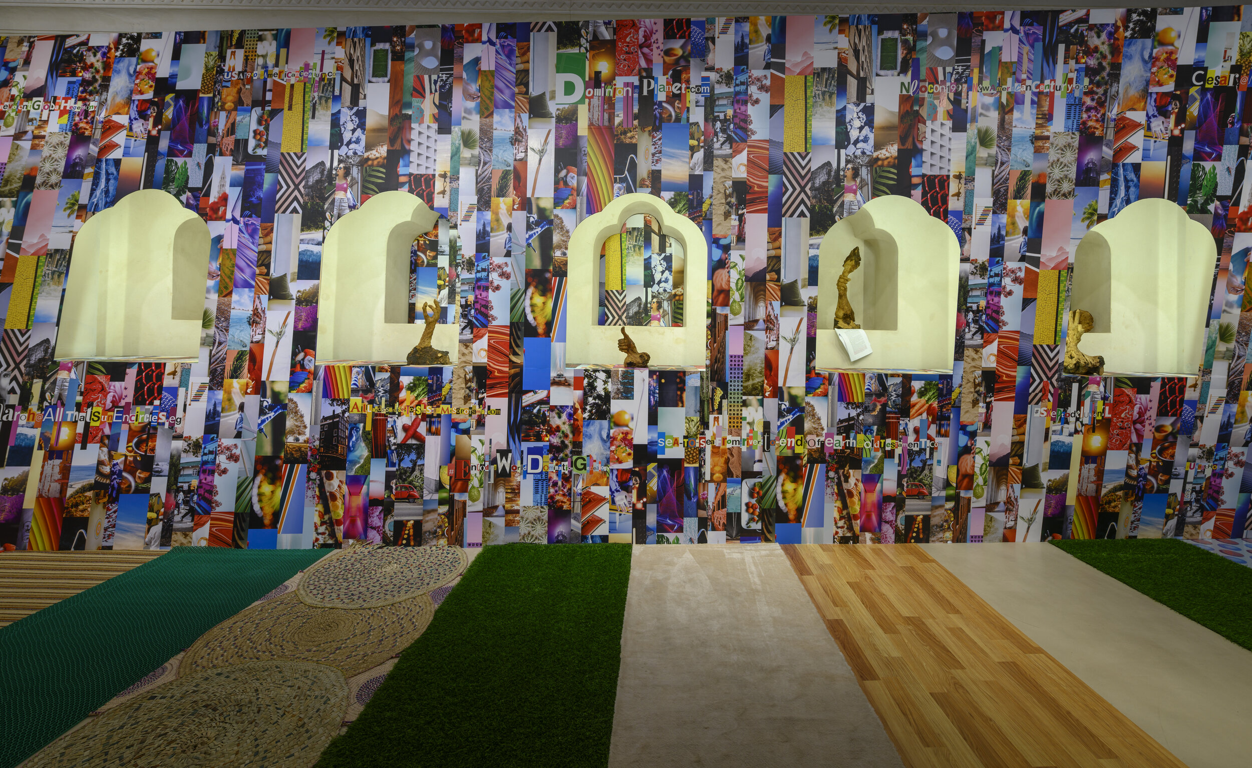 Alessandro Balteo-Yazbeck, various works, 2018. From ‘All the Lands from Sunrise to Sunset’. Mixed media, dimensions variable. Installation view: Sharjah Biennial 14: ‘ Leaving the Echo Chamber ’. Commissioned by Sharjah Art Foundation. Courtesy of the Green Art Gallery.Courtesy of Sharjah Art Foundation.