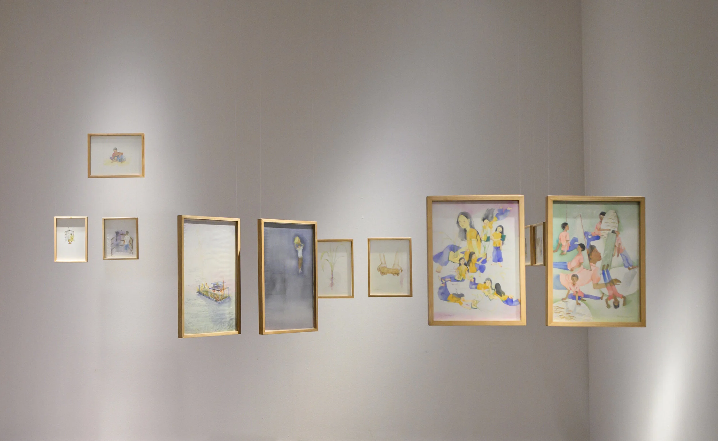 Phan Thảo Nguyên, Mute Grain, 2019. Mixed media installation: 24 paintings; three-channel video, colour, sound, dimensions variable; 15 minutes 45 seconds. Installation view: Sharjah Biennial 14: ‘ Leaving the Echo Chamber ’. Commissioned by Sharjah Art Foundation. Courtesy of the artist. Courtesy of Sharjah Art Foundation.