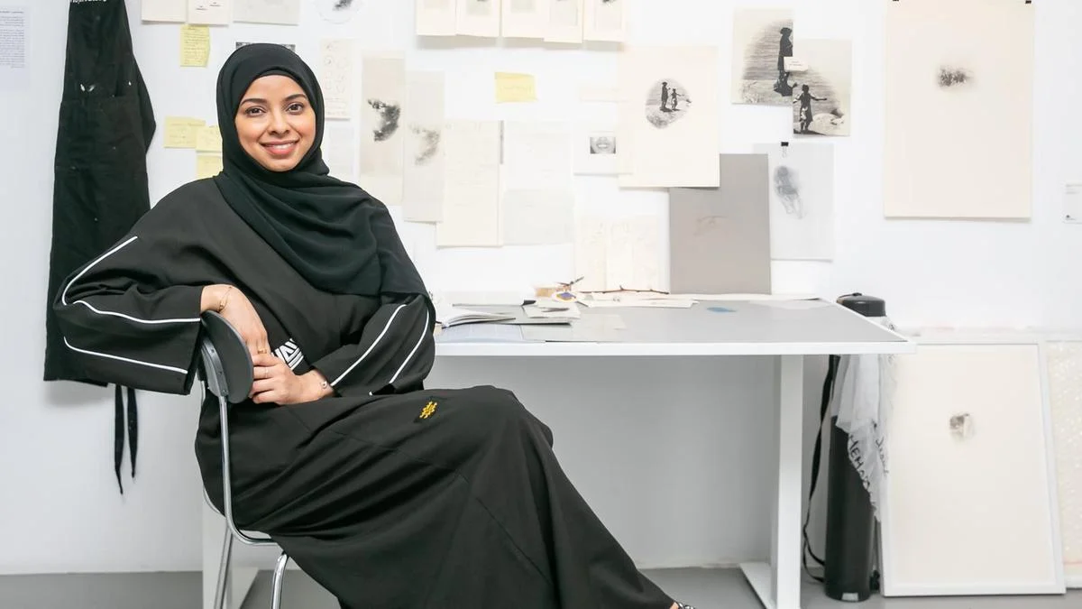 Salama Nasib in the replica of her studio for Tashkeel’s The Alumni Return. Courtesy Tashkeel.