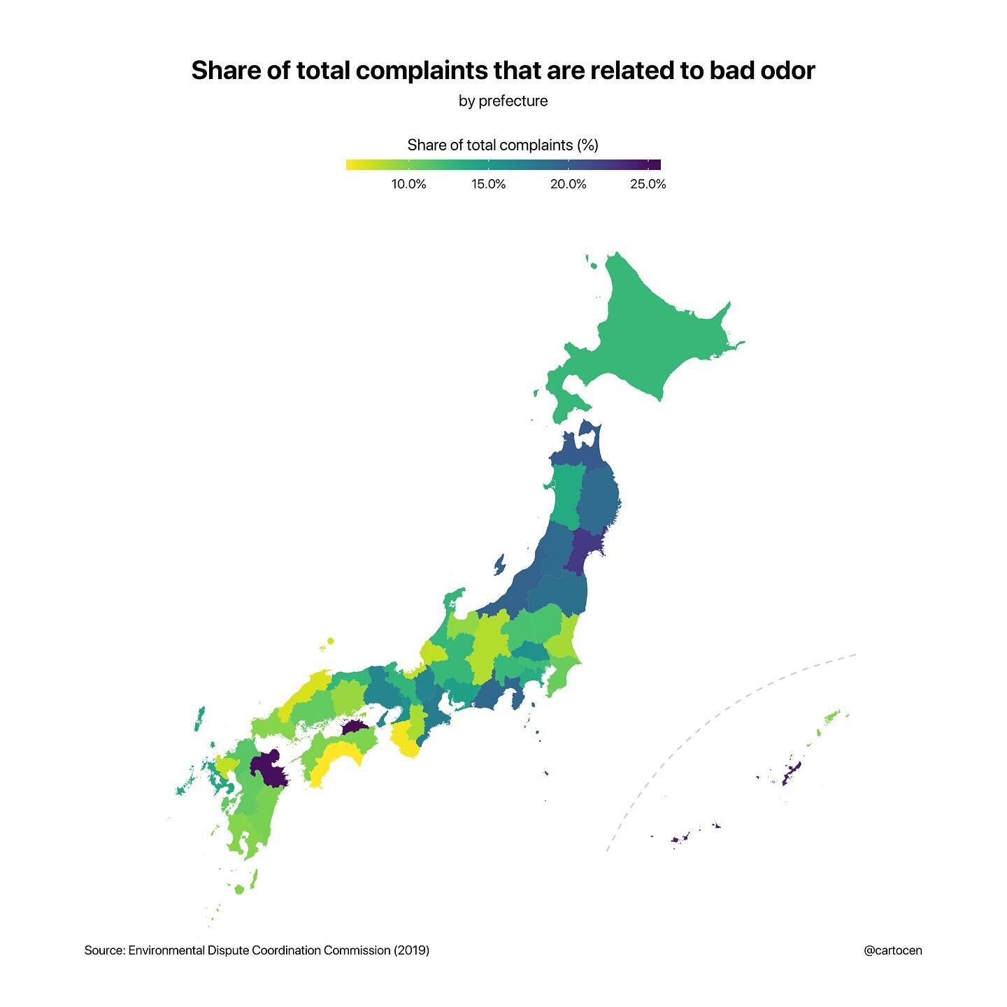 Share of pollution complaints related to bad odor (by prefecture)
.
.
.
.
.
#mapper #map #maps #datamaps #data #datavisualization #dataviz #japan #日本 #地図 #都道府県 #stats #publicdata #dataviz #geography #DataScience #cartography #datavizsociety #graphicd