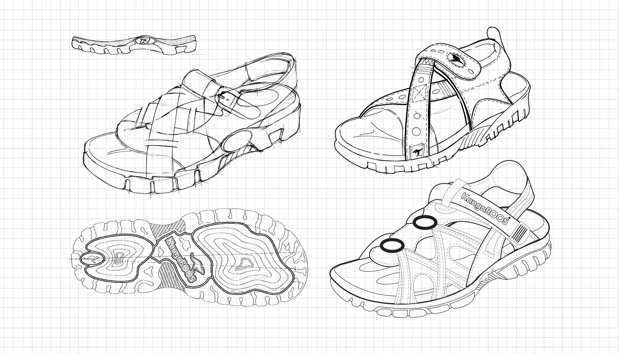 Early footwear design line drawings created for Kangaroos sandals, featuring detailed technical sketches, outsole studies, strap constructions, and performance-inspired concepts from Robert Poulton’s product design portfolio.