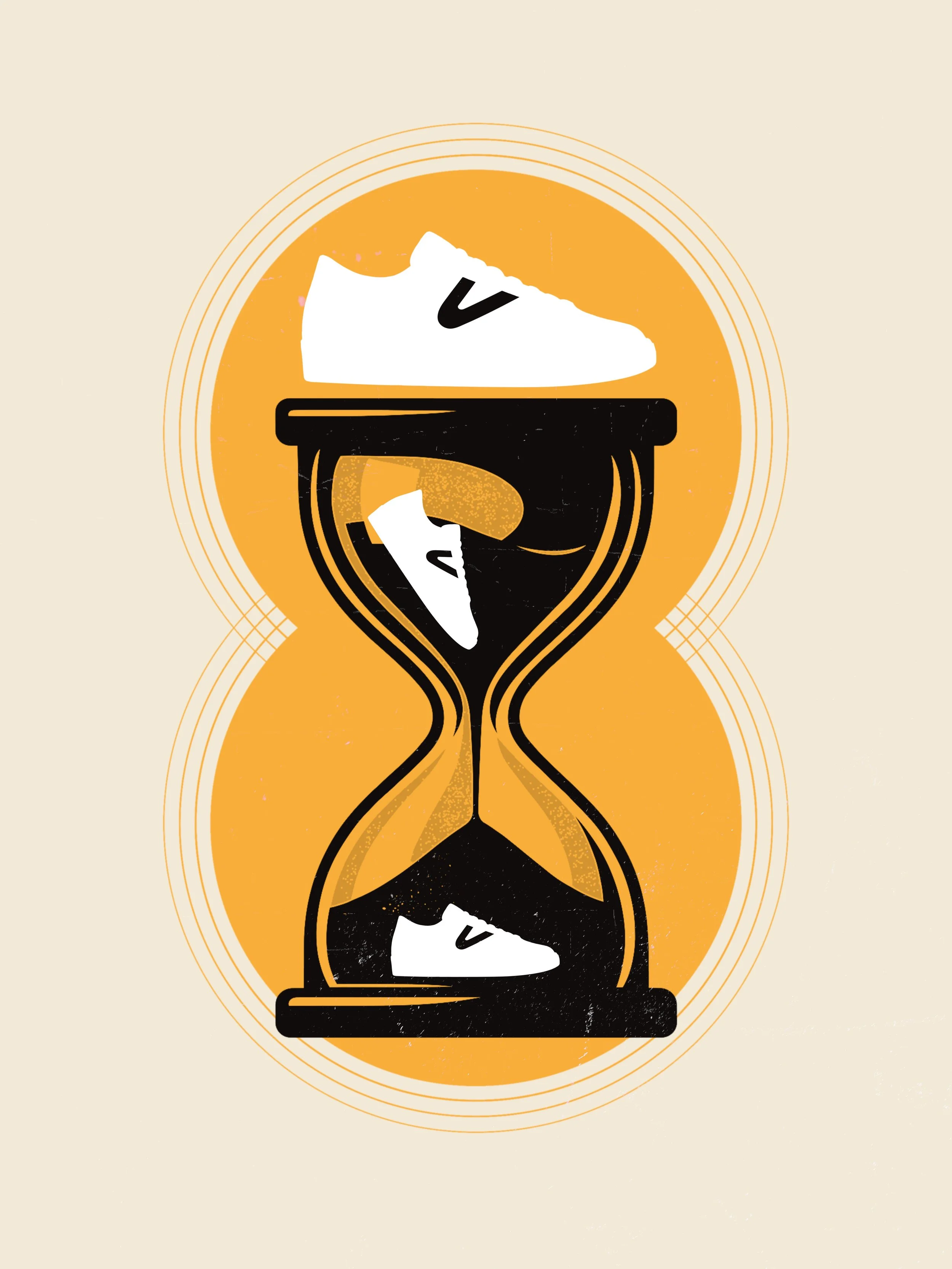 Abstract illustration of an hourglass with sneakers inside, representing time and sneakers. Designed and illustrated by Robert Poulton