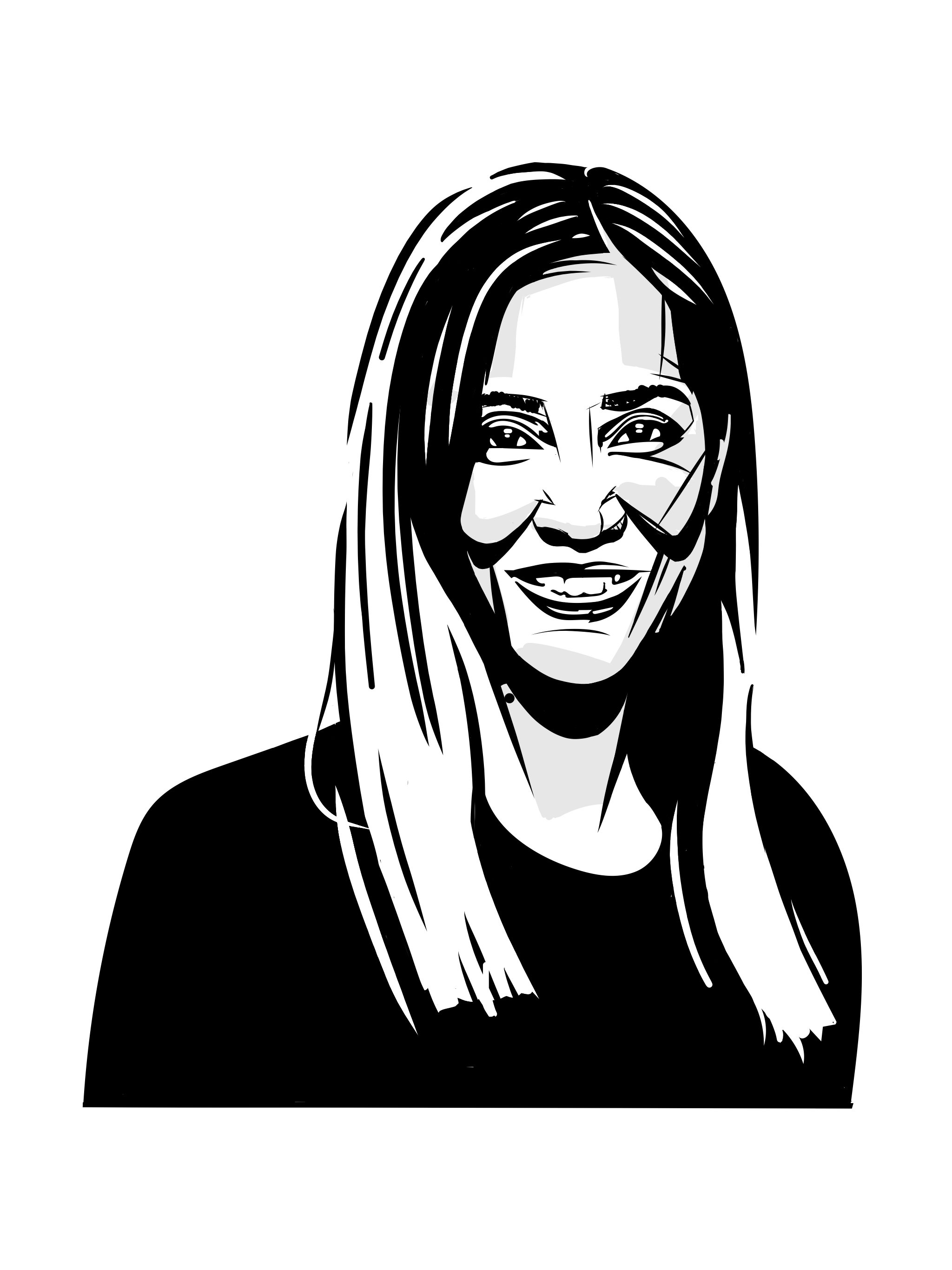 Black and white digital illustration of a woman with long straight hair, smiling with visible teeth, wearing a dark top.