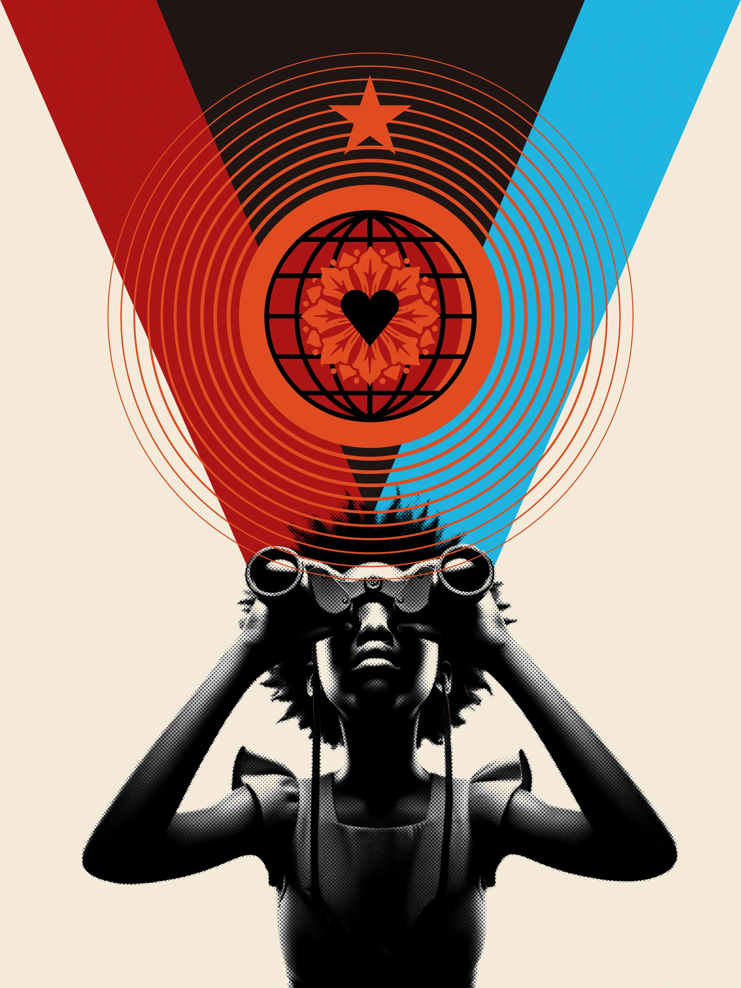 An illustration called "Seeing" by Robert Poulton. 18”x24” Archival Giclée Print. A meditation on vision, hope, and possibility. The work affirms the power of youth to imagine and to see a world renewed.