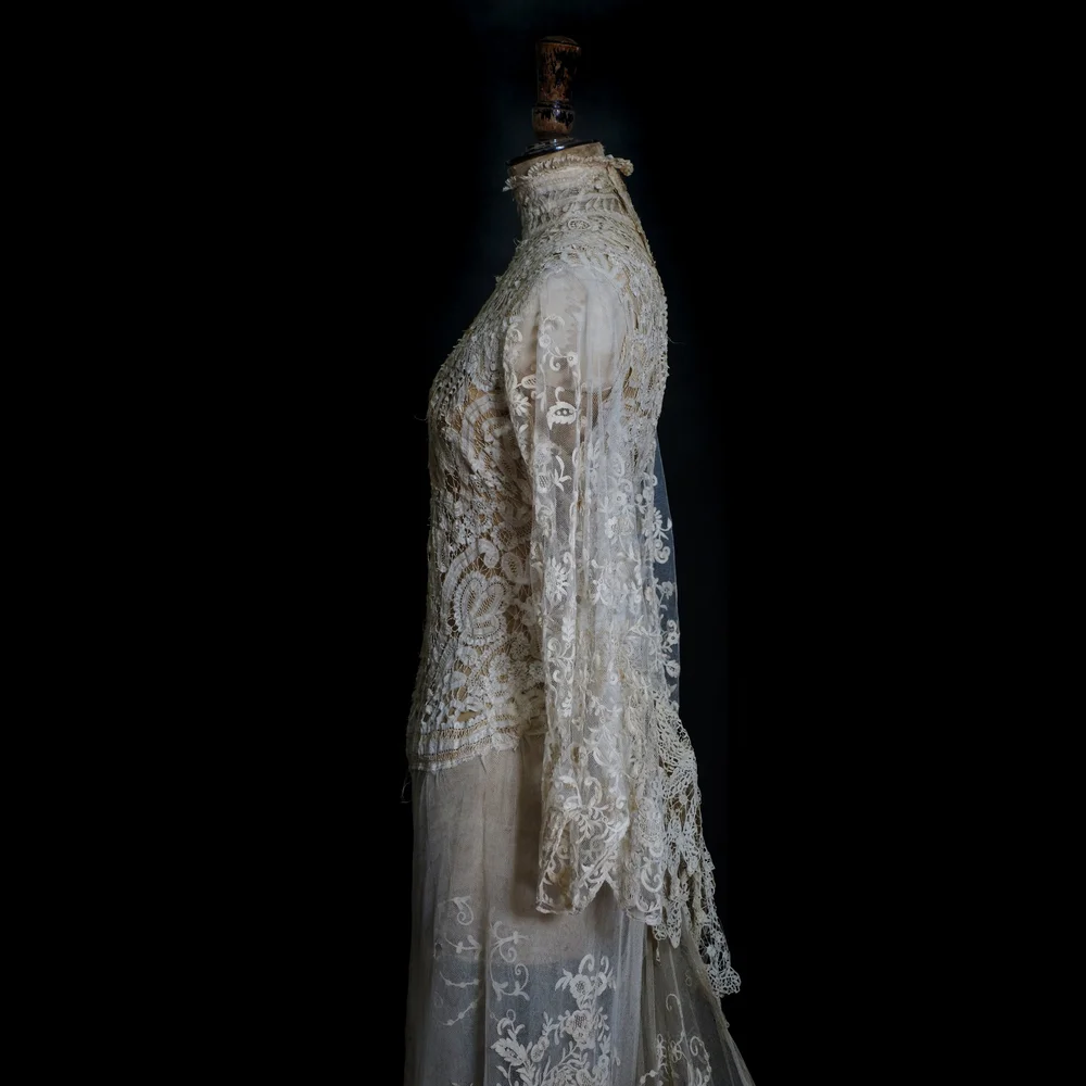 dark ivory wedding dress Antique Edwardian High Neck Lace Gown in — jane bourvis vintage style champagne wedding dress