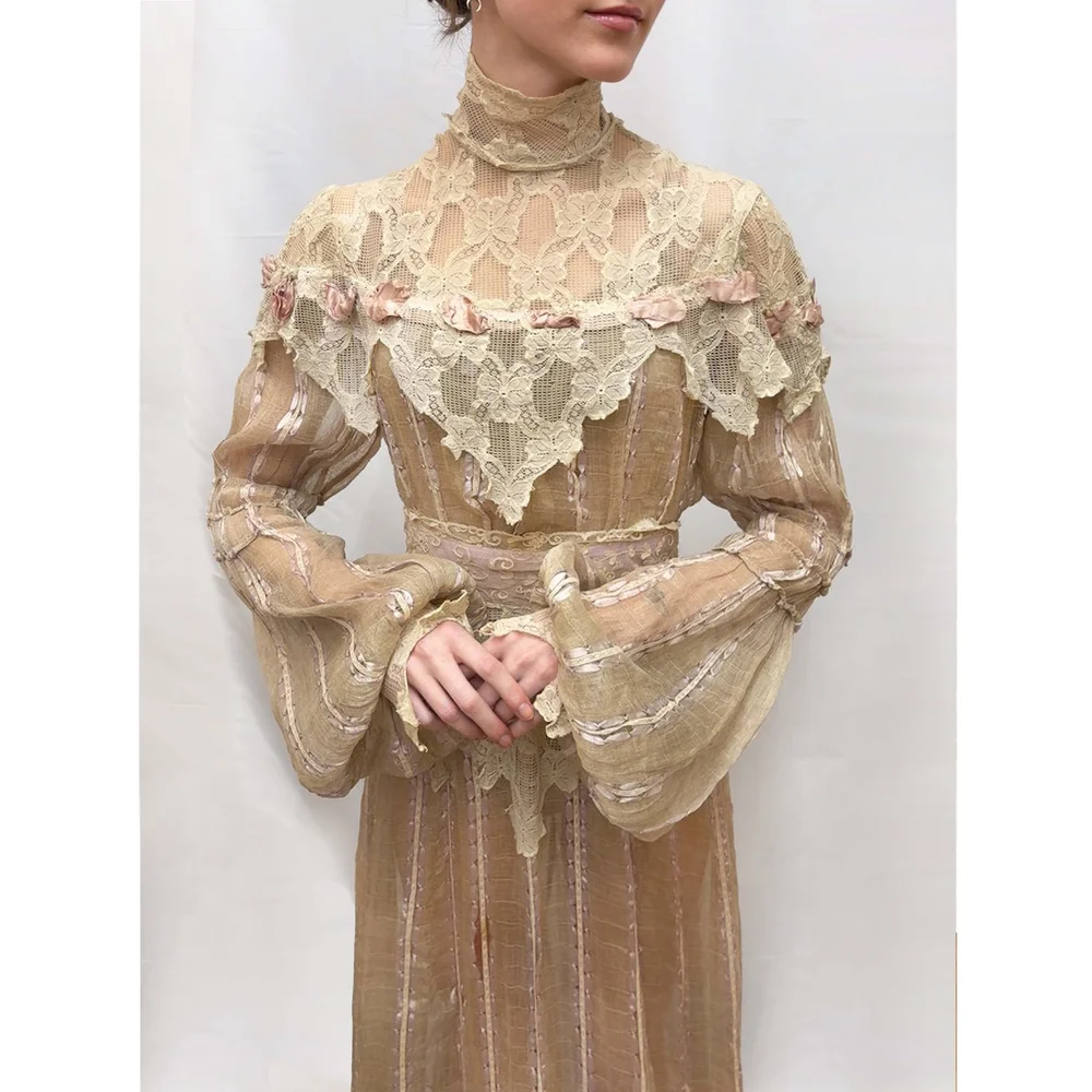 edwardian high neck lace dress Vintage 60s Edwardian Style Wedding Dress: Accordion Pleated Lace, High Collar