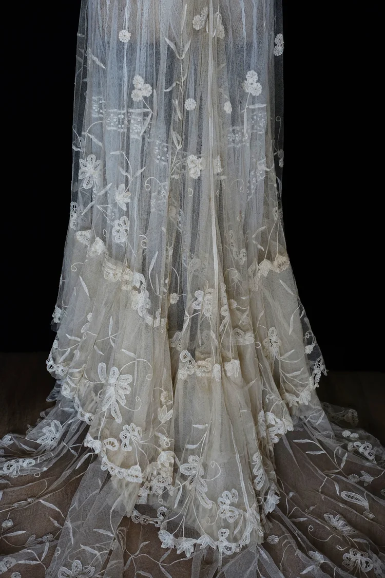 brussels lace wedding dress Intricate Brussels Lace Topped Gown with Low Back and Draped Detail jane bourvis
