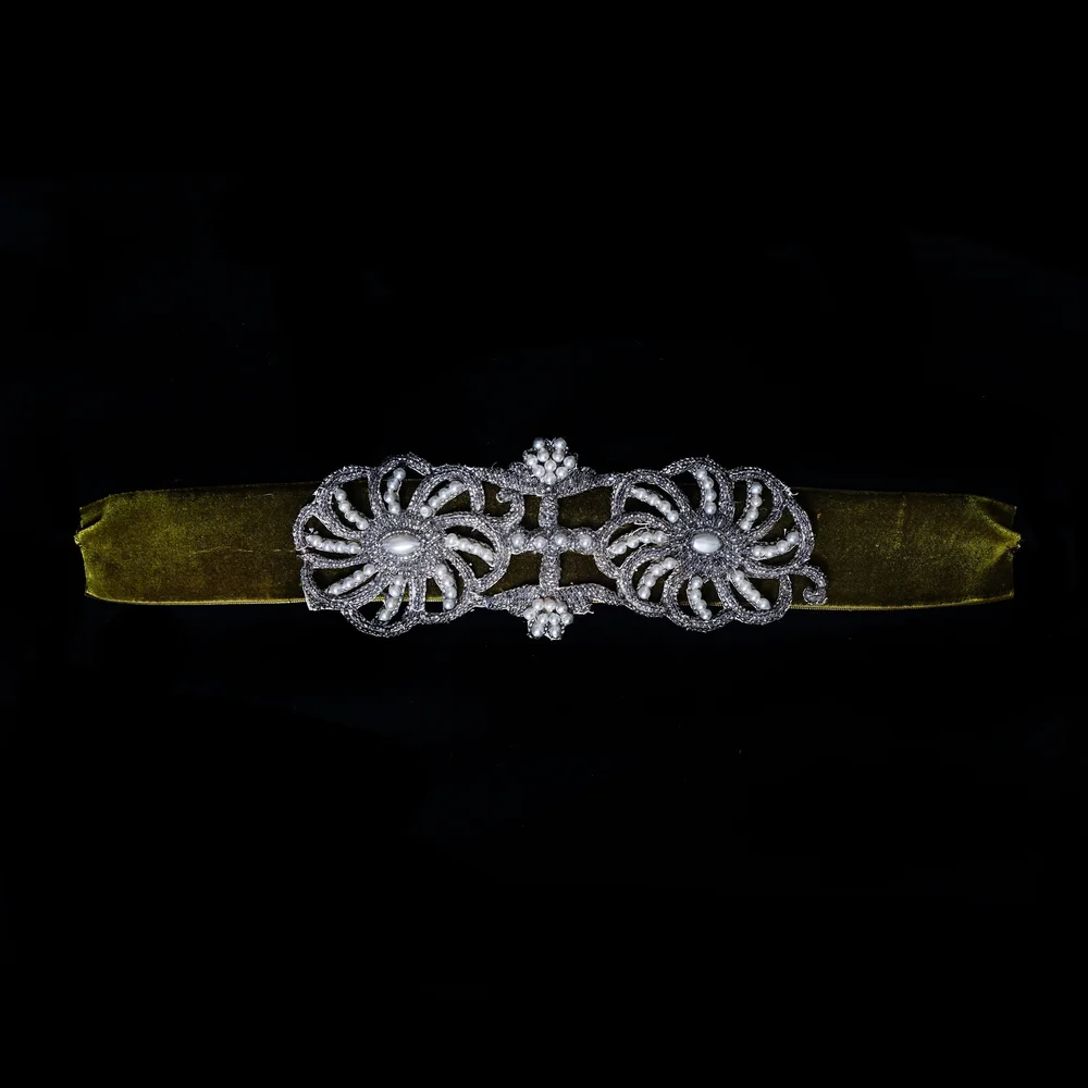 Olive Green Velvet Belt with Silver Beaded Applique — jane  display picture 1
