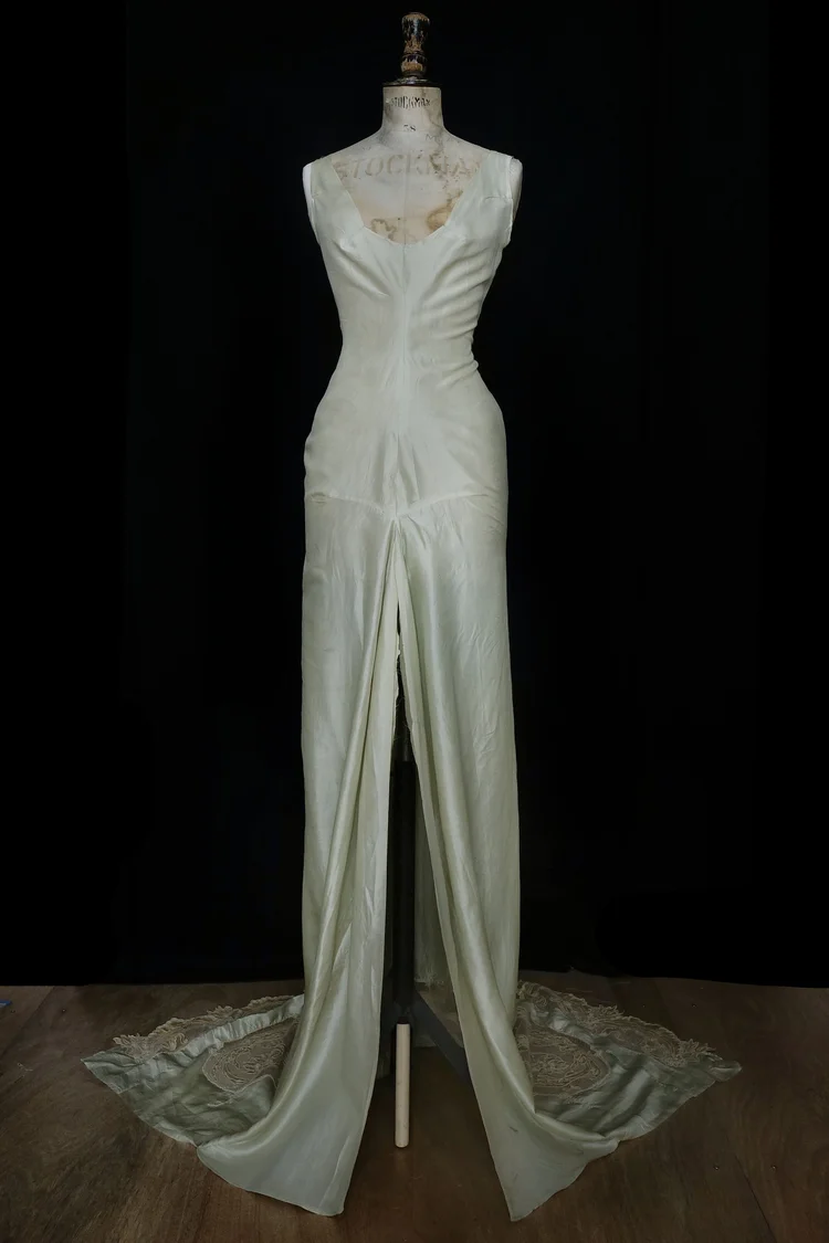 sachin and babi light blue dress Double Layered Gown with Green Silk, Art Nouveau Embroidered Train,  Underlay — jane bourvis