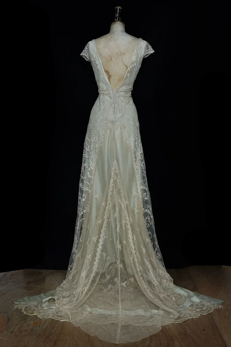 Double Layered Gown with Green Silk, Art Nouveau Embroidered Train,  Underlay  jane bourvis