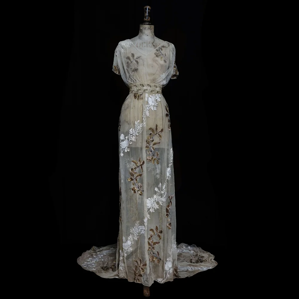 Hand Embroidered Gold and Ivory Leaf Design, Chiffon Gown  jane bourvis