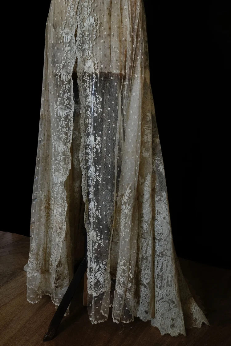 Antique Lace Dress with Blue Chiffon Trim  jane bourvis
