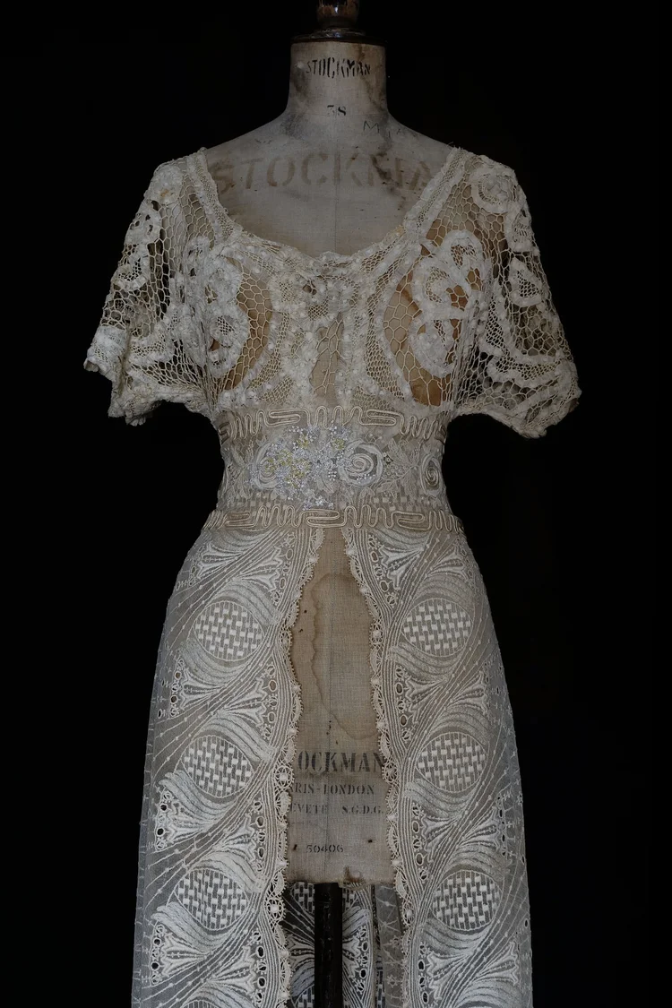 Tape Lace and Art Deco Embroidered Lace Gown with Draped Back  jane bourvis