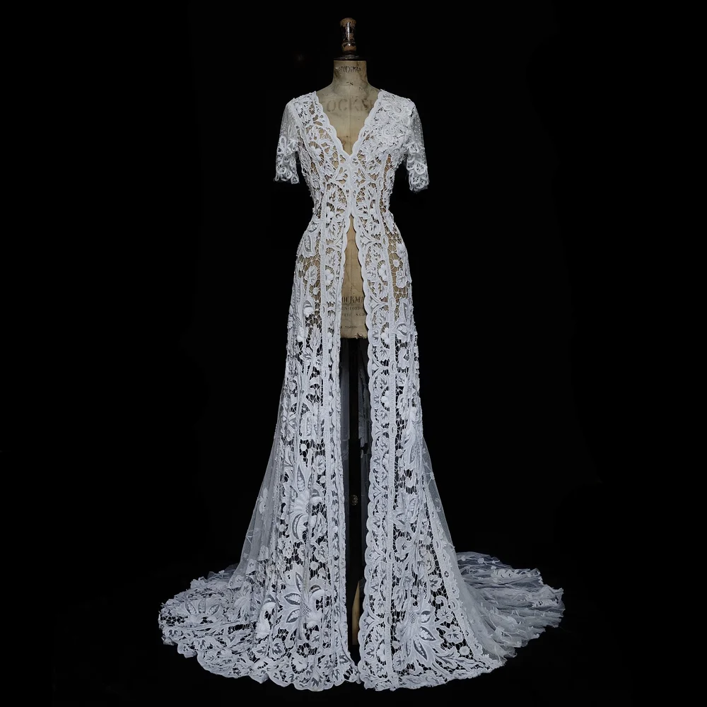 Heavy, Embroidered, White Lace Gown with Dramatic Train  jane bourvis