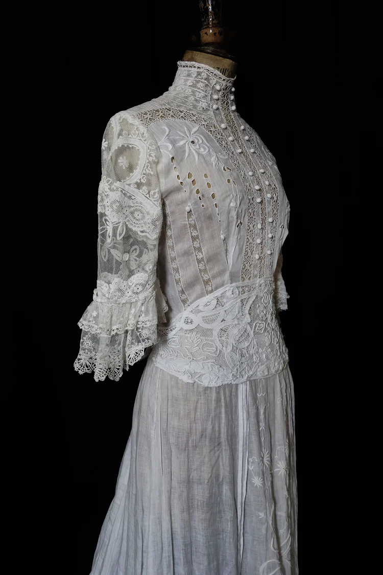 edwardian high neck lace dress Antique Edwardian Embroidered Ivory Lace Dress main image 0