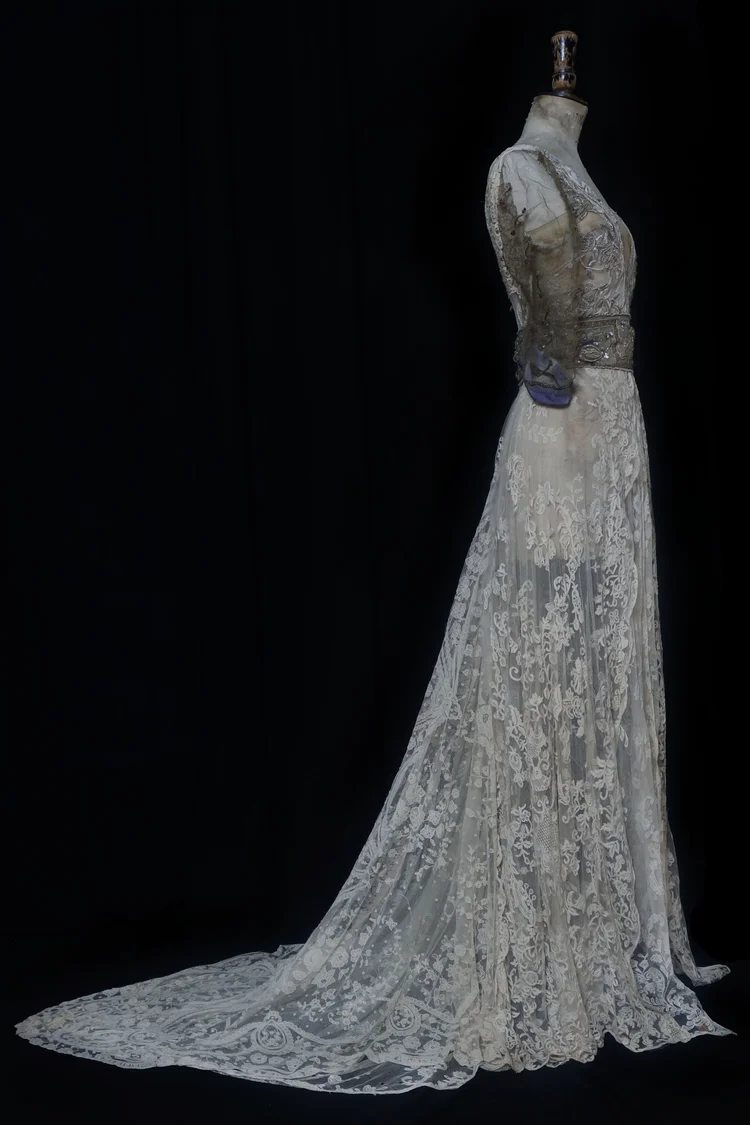 Fine Antique Lace Gown with Gold Metallic Sleeves and Metallic Embroidered  Detail  jane bourvis