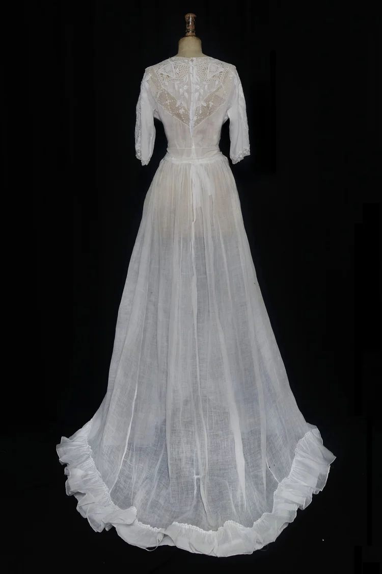 Edwardian Cotton Lawn Gown with Embroidery and Crochet Detail on