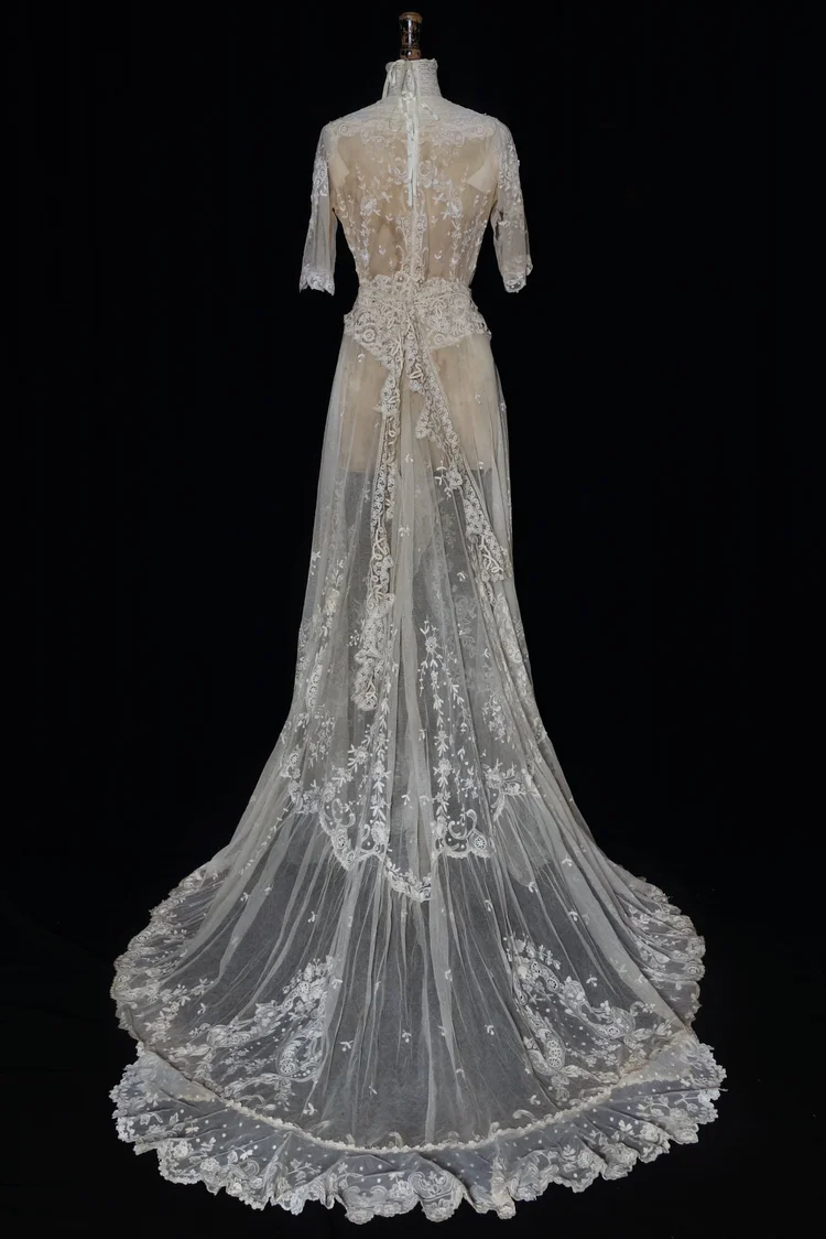 High-Necked Antique Tambour Lace Gown  jane bourvis
