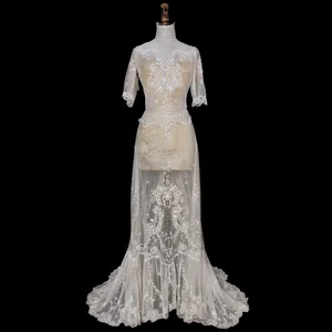 petite lace dress with sleeves Mac Duggal Petite 3/4 Sleeve High Neck Embroidered A Line Gown main image 0