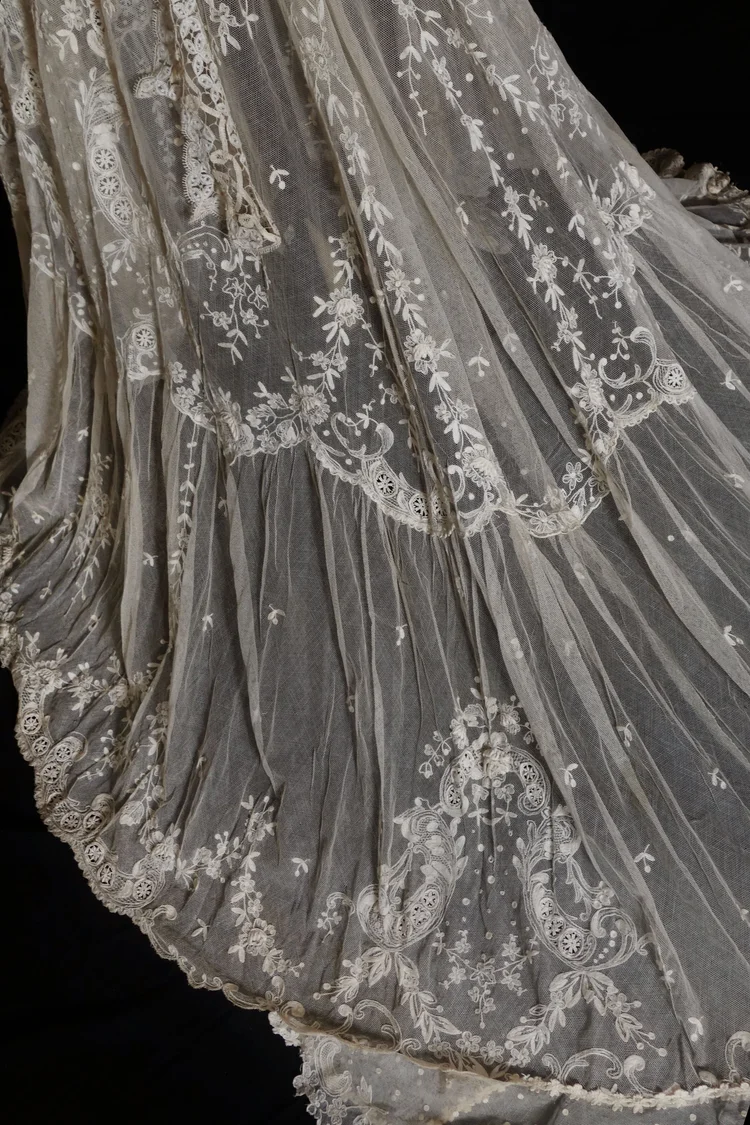High-Necked Antique Tambour Lace Gown  jane bourvis