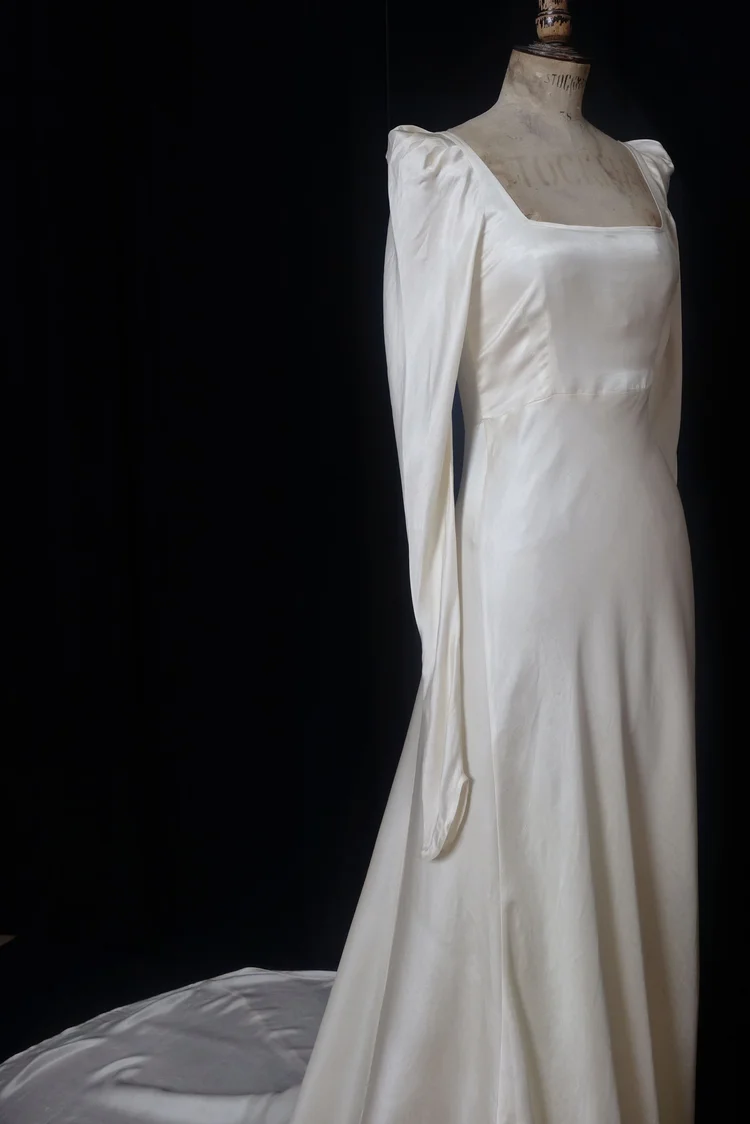 1930's inspired, silk, bias cut, vintage style, wedding dress. Long sleeved,  square necked gown.  jane bourvis