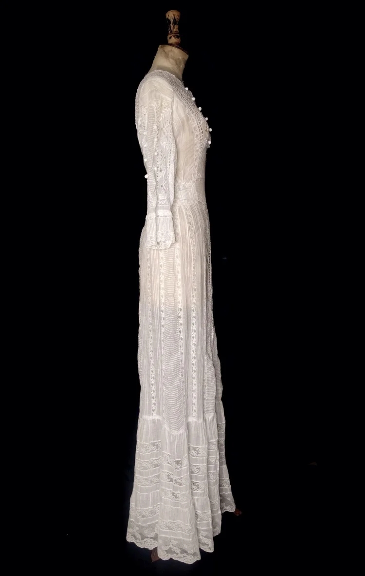 Original Edwardian, Cotton Lawn Gown with Lace and Crochet Detail.  jane  bourvis