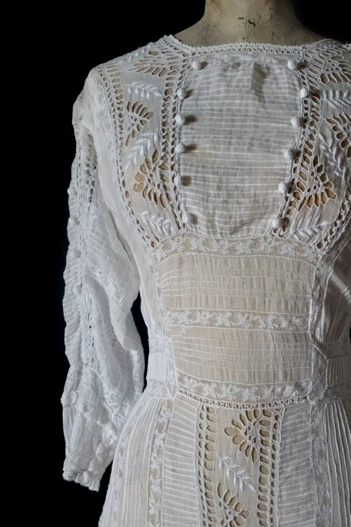 Original Edwardian, Cotton Lawn Gown with Lace and Crochet Detail.  jane  bourvis