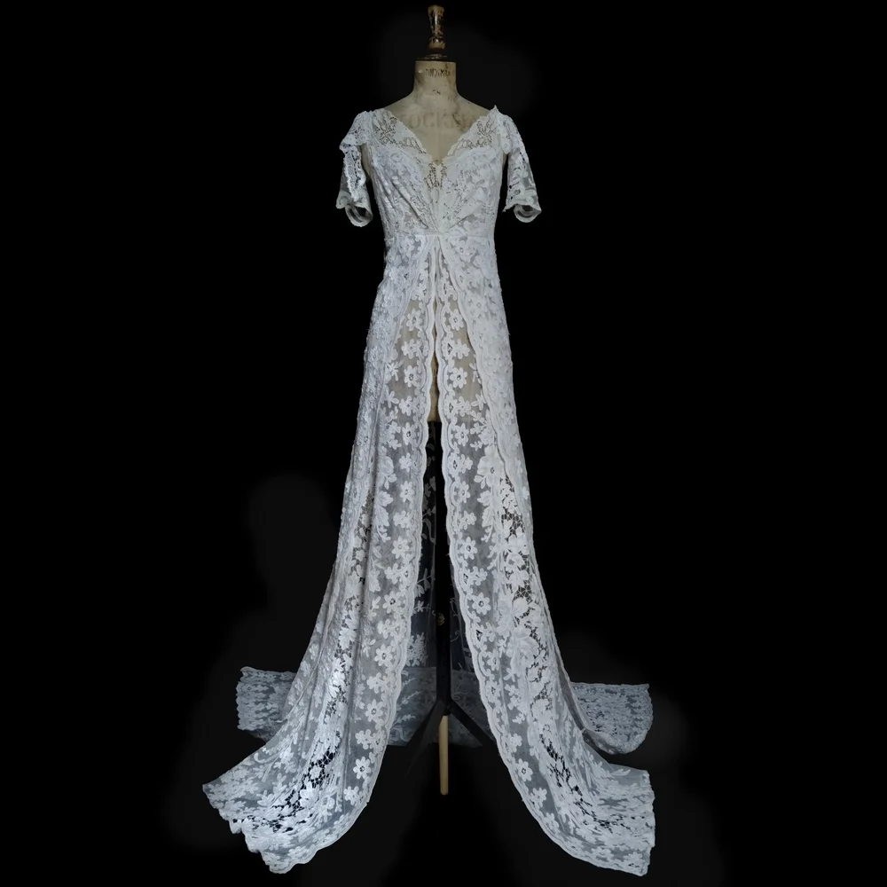 Floral Applique Antique Lace Wedding Dress with Dramatic Train  jane  bourvis