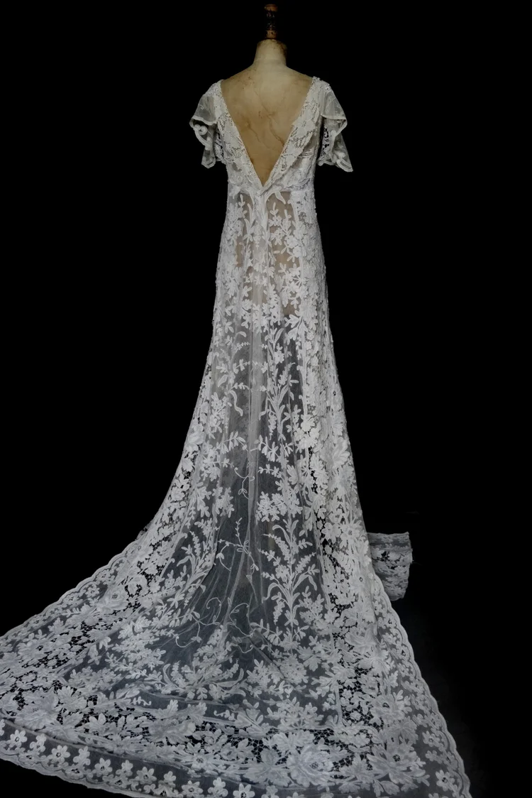 Floral Applique Antique Lace Wedding Dress with Dramatic Train  jane  bourvis