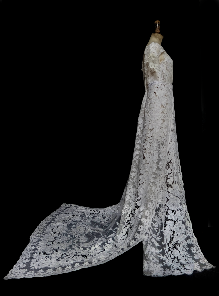 Floral Applique Antique Lace Wedding Dress with Dramatic Train  jane  bourvis
