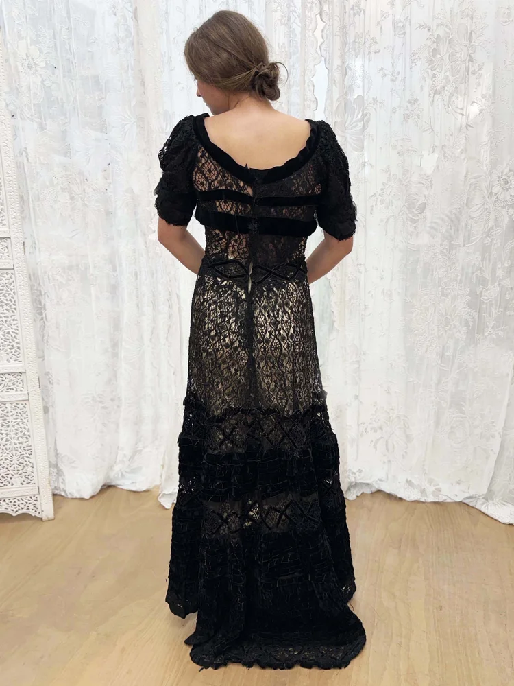 Antique Edwardian Black Lace & Velvet Dress  jane bourvis