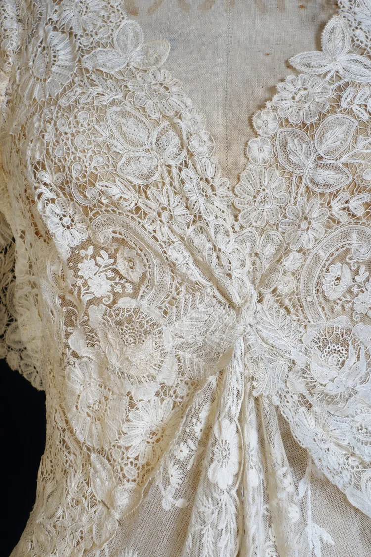 beaded lace trim for wedding dresses Designer Beaded Lace Plunging Satin Mermaid Wedding Dress