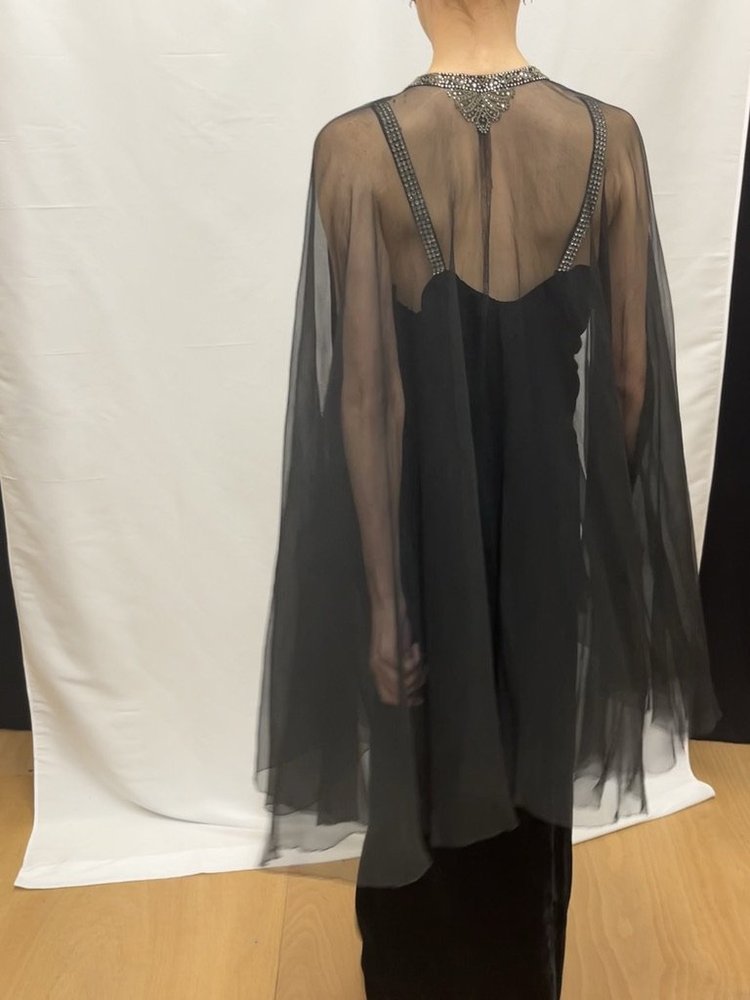 black chiffon cape dress Onyx Cady Column Gown with Pleated Satin Chiffon Cape