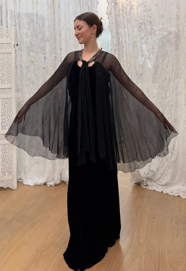 black chiffon cape dress Black crpe dress with embroidery and chiffon cape