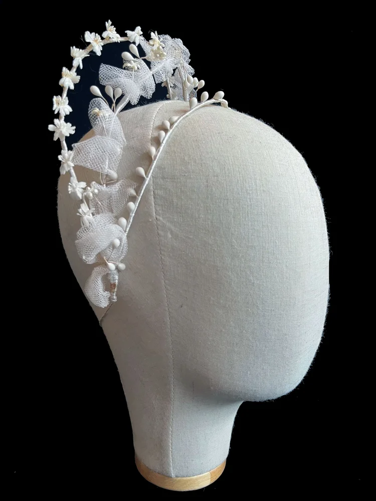 Vintage White & Cream Tulle Head Piece Vtg 80s Bridal Wedding Lace & Pearls Derby Hat Tulle Train  main image 4