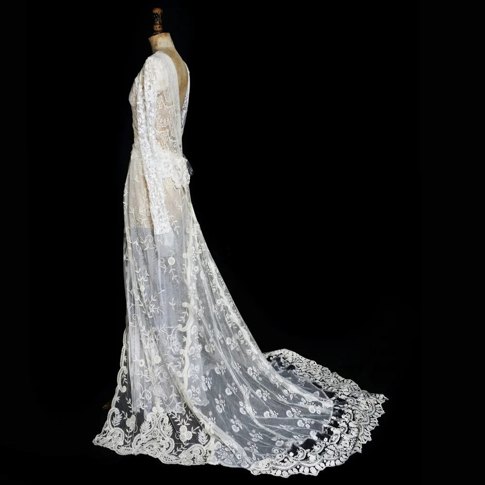 knee length dresses for ladies Romantic Vintage Couture Silk Wedding Gown With Bishop Sleeves and Fre –  Xtabay Vintage