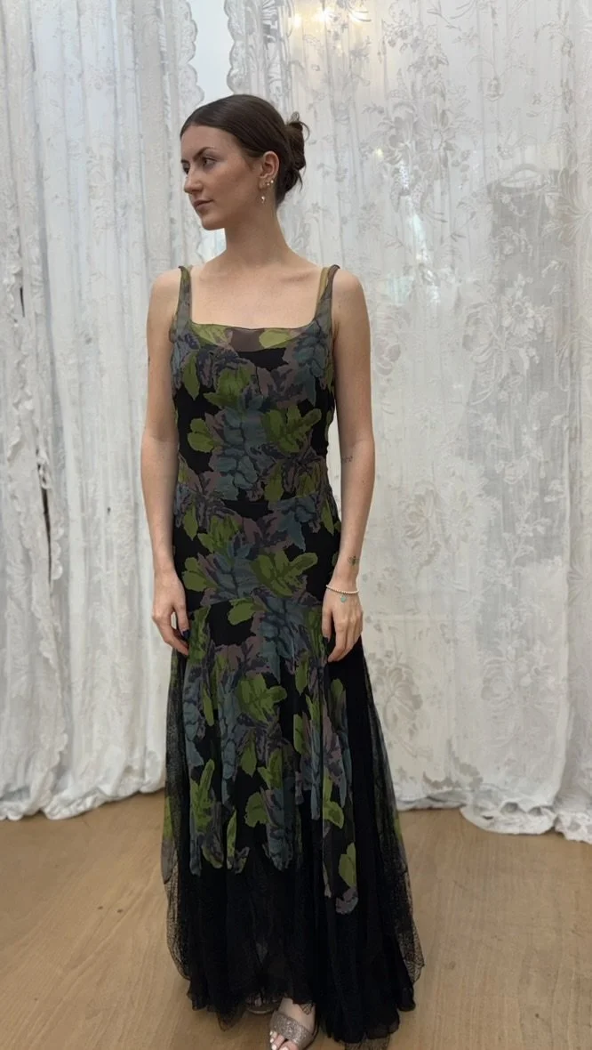 sachin and babi light blue dress 1930s Black Bias Cut Rayon Crepe Gown with Celluloid Sequin Peek-A-Boo Sleeves main image 1