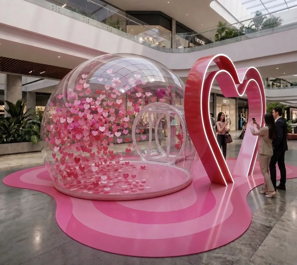 Render del montaje de Amor y Amistad: burbuja con corazones y arco en forma de corazón