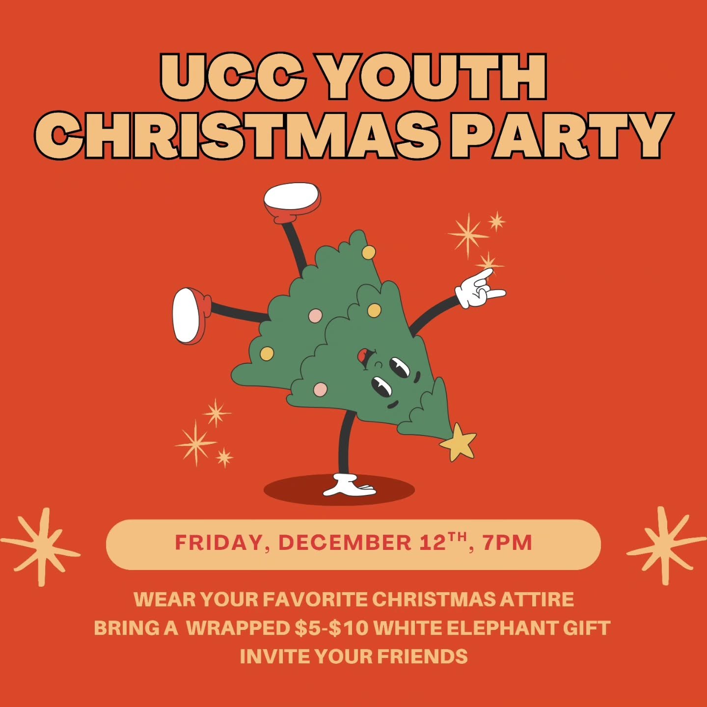 UCC Youth Christmas Party🎄
Friday December 12th
7:00pm

Come hang with us for the last Youth Friday of 2025 at Christmas Party! 

Wear your fav Christmas attire &amp; bring a wrapped $5-$10 White Elephant Gift.
And invite ya friends