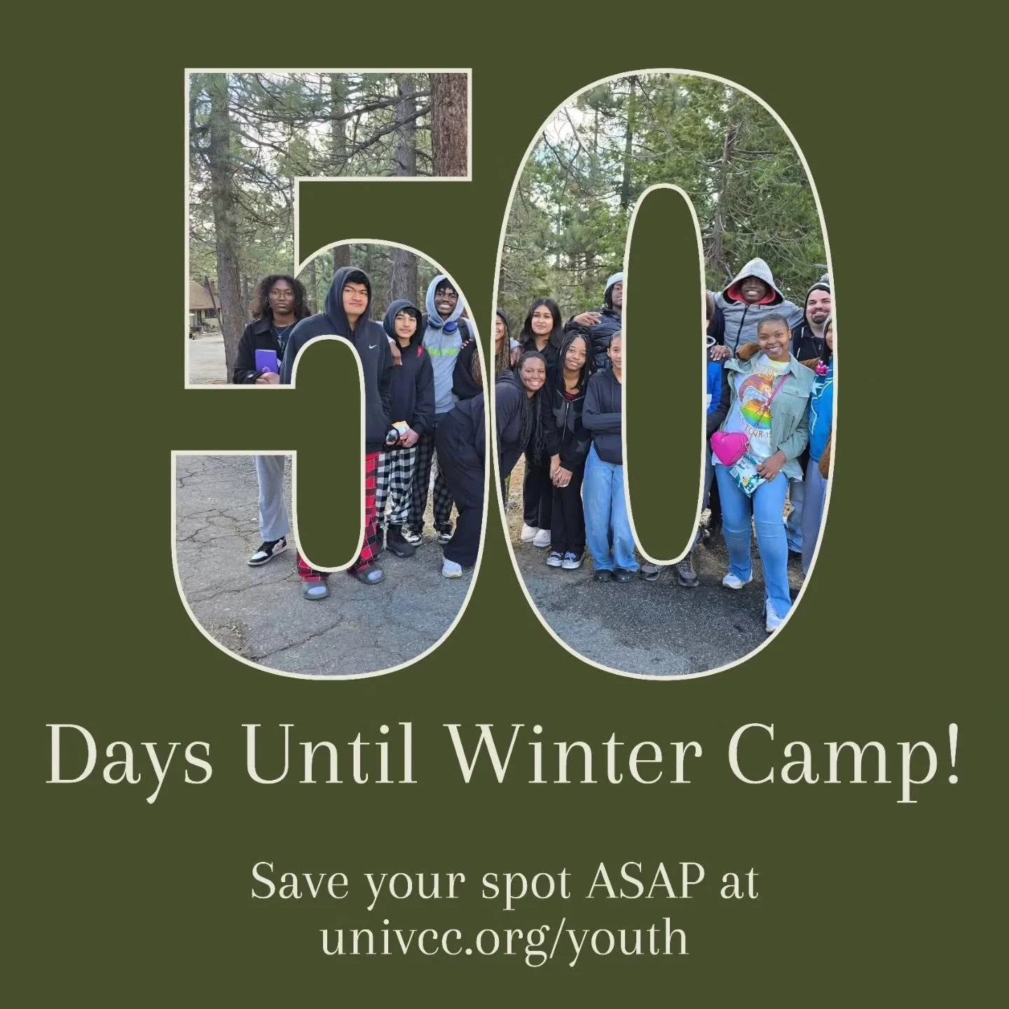 5️⃣0️⃣ Days Until Winter Camp!

Jan. 30th - Feb. 1st

Save your spot ASAP at univcc.org/youth

You can also sign-up tomorrow at our Christmas Party!