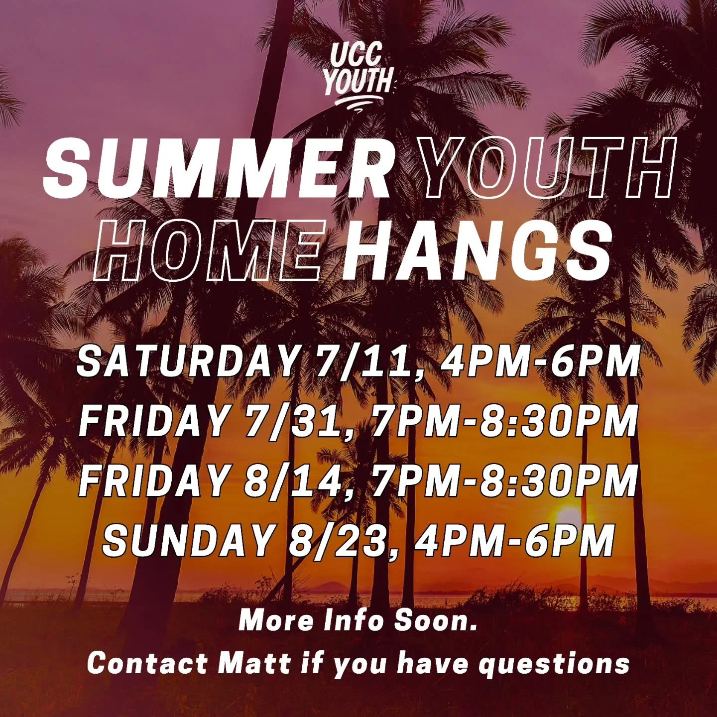 Coming Soon: Summer Youth Home Hangs ☀️

2 Regular Fridays left: 6/12 &amp; 6/26 but we can't wait to hang together this Summer! 😎

More info soon.
If you have questions hit up @_mateo_wilson