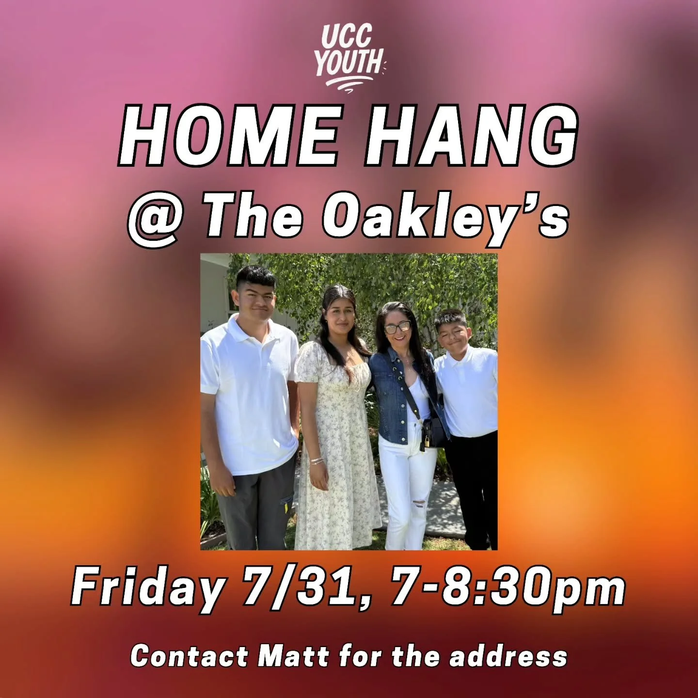 NEXT FRIDAY: HOME HANG @ THE OAKLEY'S
7/31, 7-8:30PM

ADDRESS BEING SENT OUT TODAY
(If you need it send a DM or message Matt)

INVITE YA FRIENDS
SEE Y'ALL THERE 🫡