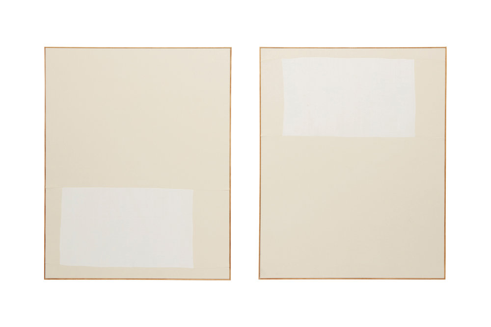  ETHAN COOK&nbsp;  Diptych, two works: (i) Untitled; (ii) Untitled  2013  Hand woven cotton canvas and canvas, in artist's frame  each 128.3 x 102.9 cm 