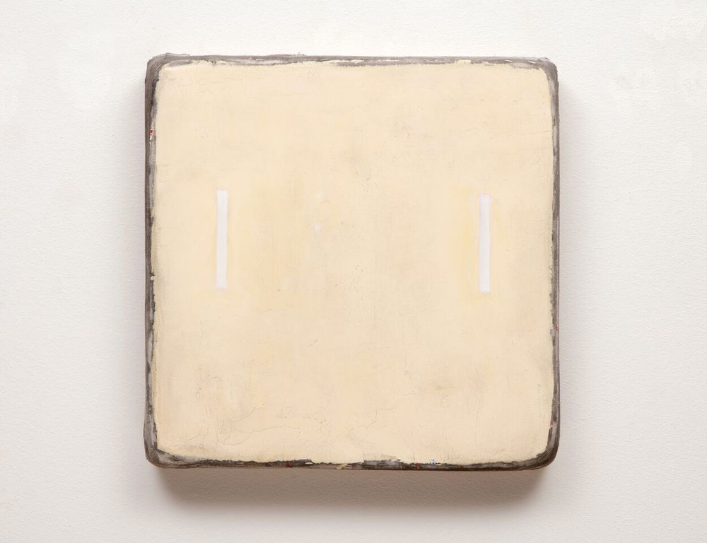  Otis Jones&nbsp;  Yellow with Two White Rectangles  2015&nbsp;  Mixed media on canvas laid on wood panel&nbsp;  61 x 61 x 7.6 cm 