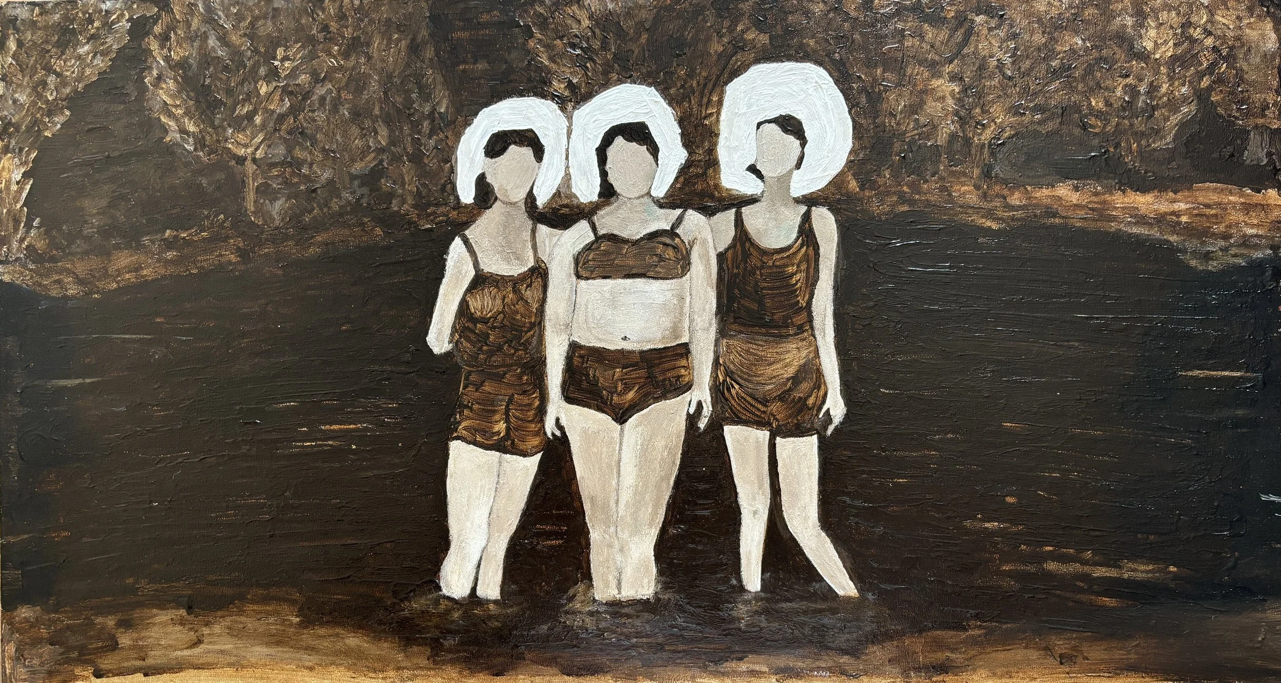 "Three bathers". 2023. Wood fibreboard, acrylic. 58×30.5.