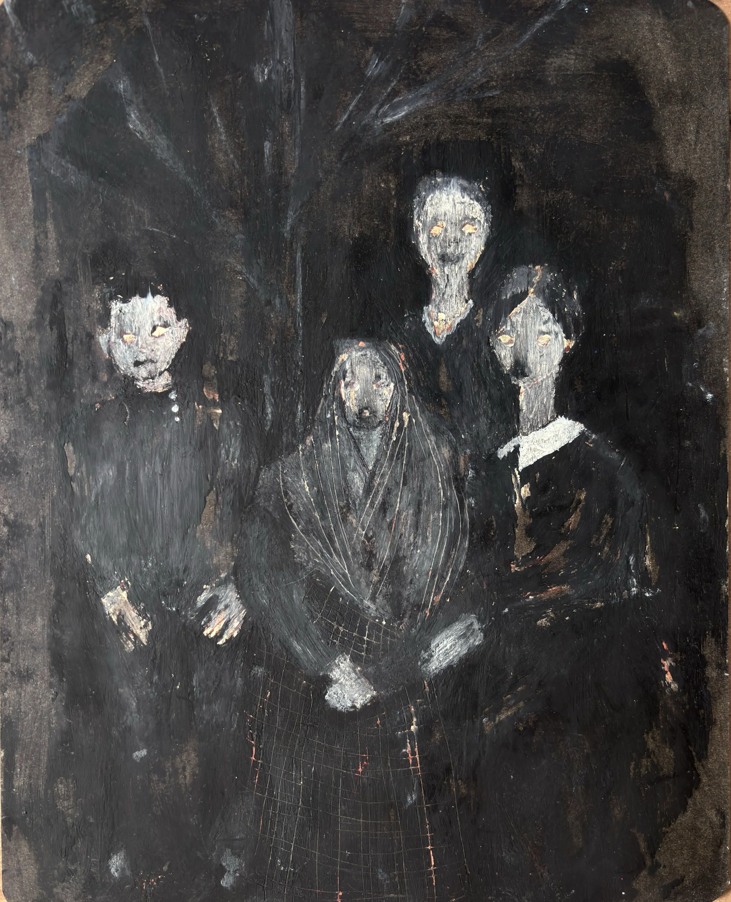 "If we don't have to meet, If fate has separated us, Let my motionless personality remain in your memory." 2022. medical cardboard, oil. 23,5x30,5