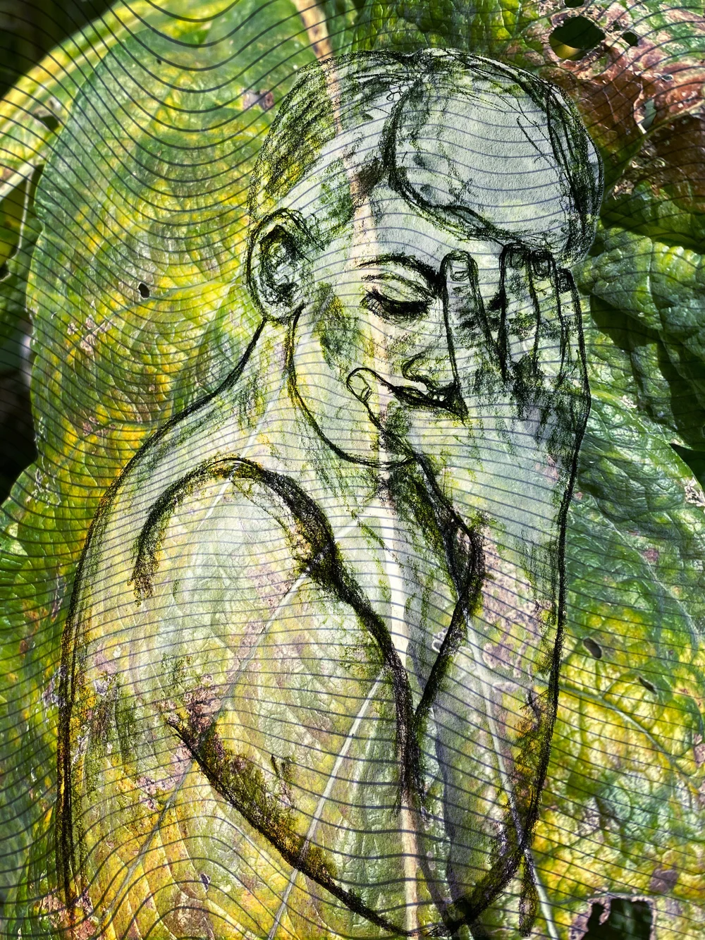 Contemplating in leaves, 2025, digital art,pencil drawing, photography, print on canvas, 100x80 cm